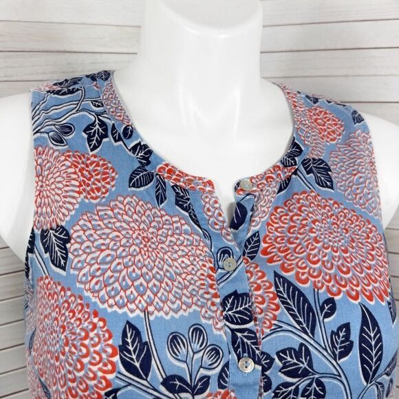 Cynthia Rowley Floral Linen Sleeveless Shirt Button Front Blue Coral Red Large - Picture 5 of 10